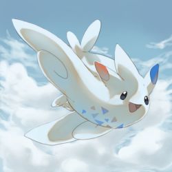 Rule 34 | :d, black eyes, blue sky, cloud, cloudy sky, commentary, creature, creatures (company), day, english commentary, flying, full body, game freak, gen 4 pokemon, looking at viewer, nintendo, no humans, open mouth, pinkgermy, pokemon, pokemon (creature), sky, smile, solo, togekiss
