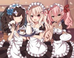 Rule 34 | 3girls, :d, :p, ;), absurdres, alternate costume, apron, black dress, blonde hair, blue hairband, blurry, blurry background, blush, breasts, brown eyes, brown hair, chloe von einzbern, cleavage, cup, dark-skinned female, dark skin, depth of field, dress, enmaided, fate/kaleid liner prisma illya, fate (series), frilled apron, frilled dress, frilled hairband, frills, hair between eyes, hairband, highres, holding, holding plate, holding tray, illyasviel von einzbern, indoors, long hair, looking at viewer, maid, maid apron, maid headdress, miyu edelfelt, multiple girls, one eye closed, open mouth, pink hair, plate, pleated dress, puffy short sleeves, puffy sleeves, red eyes, sapphire (sapphire25252), saucer, short sleeves, small breasts, smile, sparkle, teacup, tongue, tongue out, tray, very long hair, white apron