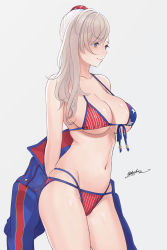 Rule 34 | 1girl, absurdres, american flag bikini, american flag print, asymmetrical hair, bikini, blue eyes, breasts, bun cover, cleavage, closed mouth, cowboy shot, dated, fate/grand order, fate (series), flag print, front-tie bikini top, front-tie top, grey background, grey hair, hair bun, highres, jacket, large breasts, long hair, miyamoto musashi (fate), miyamoto musashi (fate/grand order), miyamoto musashi (swimsuit berserker) (fate), miyamoto musashi (swimsuit berserker) (second ascension) (fate), multi-strapped bikini, navel, odachu, print bikini, print swimsuit, revision, shrug (clothing), signature, simple background, single hair bun, single hair intake, single side bun, single sidelock, solo, standing, star (symbol), stomach, swept bangs, swimsuit