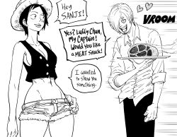 Rule 34 | 1boy, 1girl, absurdres, alternate universe, bb (baalbuddy), black hair, breasts, buttons, cleavage, collarbone, collared shirt, crop top, cutoffs, denim, denim shorts, english text, feet out of frame, fingernails, food, genderswap, genderswap (mtf), greyscale, hand on own hip, hat, heart, heart-shaped pupils, hetero, highres, holding, holding food, holding plate, meat, midriff, monkey d. luffy, monochrome, motion lines, navel, one piece, open mouth, plate, sanji (one piece), scar, scar on face, shirt, short hair, short shorts, shorts, sideboob, smile, speech bubble, standing, steam, straw hat, symbol-shaped pupils, teeth, thighs, wide hips