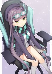 Rule 34 | 1girl, :o, ahoge, black gloves, blue-framed eyewear, blue neckerchief, blue scarf, blunt bangs, chair, commission, eyewear on head, feet out of frame, gaming chair, glasses, gloves, hand on lap, hat, jacket, konogi nogi, long hair, long sleeves, looking at viewer, neckerchief, on chair, open clothes, open jacket, original, outline, partially fingerless gloves, purple background, purple hair, purple hat, purple jacket, scarf, school uniform, serafuku, shirt, sitting, skeb commission, socks, solo, striped clothes, striped scarf, swivel chair, very long hair, white outline, white shirt, white socks, yellow eyes