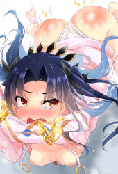 Rule 34 | 1girl, ass, blue hair, blush, bound, bound wrists, breasts, chain, crown, crying, crying with eyes open, fangs, fate/grand order, fate (series), hair ribbon, hanging breasts, ishtar (fate), ishtar (swimsuit rider) (fate), jacket, leaning, leaning forward, long hair, looking at viewer, nipples, one-piece swimsuit, open mouth, red eyes, ribbon, sasakuma kyouta, shiny skin, solo, spanked, swimsuit, swimsuit under clothes, tears, twintails, twitter username, two side up, very long hair, white one-piece swimsuit