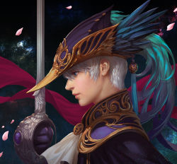 Rule 34 | 1boy, ascot, blue eyes, from side, hat, hat feather, highres, holding, kdash, male focus, original, petals, profile, rapier, realistic, short hair, silver hair, solo, sword, very short hair, weapon