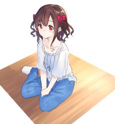 Rule 34 | 1girl, blouse, blue pants, blush, bow, brown hair, closed mouth, commentary request, full body, hair bow, highres, original, pants, red bow, red eyes, shirt, short hair, short sleeves, simple background, sitting, socks, solo, white background, white socks, yokozuwari, yuki arare
