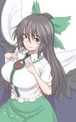 Rule 34 | 1girl, bird wings, black eyes, black hair, black wings, blush, bow, breasts, cape, center frills, closed mouth, commentary, frills, green bow, green skirt, hair between eyes, hair bow, highres, kakone, large breasts, long hair, looking at viewer, one-hour drawing challenge, reiuji utsuho, shirt, simple background, skirt, smile, solo, third eye, touhou, white background, white cape, white shirt, wings