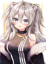 Rule 34 | 1girl, :o, ahoge, animal ears, bare shoulders, blush, breasts, cleavage, crop top, fangs, fur-trimmed jacket, fur trim, grey eyes, grey hair, hair between eyes, highres, hololive, jacket, jewelry, large breasts, lion ears, lion girl, long hair, looking at viewer, necklace, off shoulder, open clothes, open mouth, see-through, see-through cleavage, shichi (tarakochan-medo), shirt, shishiro botan, shishiro botan (1st costume), sleeveless, sleeveless shirt, sleeveless turtleneck, solo, taut clothes, taut shirt, turtleneck, upper body, virtual youtuber