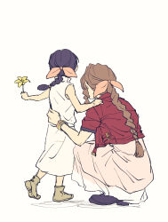 Rule 34 | 2girls, absurdres, aerith gainsborough, bangle, bare arms, bare shoulders, boots, bracelet, braid, braided ponytail, brown footwear, child, cropped jacket, demi co, dress, facing away, final fantasy, final fantasy vii, final fantasy vii advent children, final fantasy vii rebirth, final fantasy vii remake, flower, hair ribbon, hand on another&#039;s back, hand on another&#039;s shoulder, highres, holding, holding flower, jacket, jewelry, lily (flower), long dress, long hair, marlene wallace, multiple girls, pink dress, pink ribbon, red jacket, ribbon, short sleeves, sidelocks, single braid, sleeveless, sleeveless dress, squatting, standing, turtleneck, turtleneck dress, yellow flower