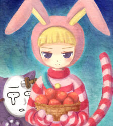 2boys animal_ears animal_hands animal_hood apple basket blonde_hair blue_eyes food fruit gloves holding holding_basket hood impaled kedamono_(popee_the_performer) knife mask multiple_boys nibii_(panda) paw_gloves popee_(popee_the_performer) popee_the_performer rabbit_ears rabbit_hood smile striped_clothes tail tears wolf