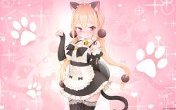 Rule 34 | 1girl, amatou (ko me 9), animal ears, apron, bare shoulders, bell, black ribbon, blonde hair, blush, breasts, cat ears, cat tail, coat, frilled skirt, frills, highres, jingle bell, long hair, maid, maid apron, maid headdress, medium breasts, paw print, pink background, ribbon, skirt, tail, thighhighs, white coat, xiaoyuan (you can eat the girl), you can eat the girl
