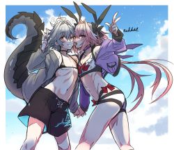 Rule 34 | 2boys, ?, ass, astolfo (fate), blush, bow, choker, cloud, collarbone, commentary request, day, dragon tail, eyes visible through hair, fate/apocrypha, fate (series), feet out of frame, grey hair, hair between eyes, haoro, highres, jacket, licking, licking another&#039;s cheek, licking another&#039;s face, long hair, long sleeves, looking at viewer, male focus, midriff, multicolored hair, multiple boys, navel, outdoors, pink eyes, pink hair, shorts, sieg (fate), sky, speech bubble, spoken question mark, standing, stomach, streaked hair, swimsuit, tail, tongue, tongue out, trap, two-tone hair, v, white hair, yaoi