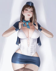 Rule 34 | 1girl, black thighhighs, blue bow, blush, bow, breasts, brown eyes, brown hair, cleavage, collarbone, commentary, contrapposto, cowboy shot, cross-laced clothes, earrings, flight attendant, highres, jewelry, large breasts, looking at viewer, microskirt, multicolored hair, nostrils, nuker (nukerdraws), one-piece swimsuit, open clothes, open shirt, original, parted lips, red lips, shadow, short sleeves, simple background, skirt, solo, swimsuit, symbol-only commentary, thigh gap, thighhighs, thighs, travel attendant, two-tone hair, white background, white hair, white one-piece swimsuit, wrist cuffs