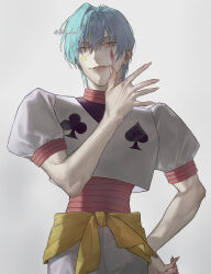 Rule 34 | 1boy, after battle, akr noze, blood, blood on face, blue hair, clown, club (shape), cross tattoo, facepaint, facial mark, highres, hisoka morow, hunter x hunter, long fingers, looking at viewer, male focus, playing card theme, short hair, simple background, sleeveless, smile, solo, spade (shape), star (symbol), star facial mark, tattoo, teardrop facial mark, teardrop tattoo, twitter username, wiping blood