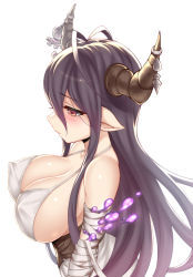 Rule 34 | 10s, 1girl, bad id, bandaged arm, bandages, black hair, blush, breasts, cleavage, covered erect nipples, danua, draph, eyelashes, from side, granblue fantasy, horn ornament, horns, lang (chikage36), large breasts, long hair, pointy ears, profile, red eyes, sideboob, simple background, solo, upper body, white background