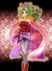 Rule 34 | 1990s (style), 1girl, breasts, cape, detached sleeves, female focus, final fantasy, final fantasy vi, gensui, green eyes, green hair, long hair, matching hair/eyes, pantyhose, ponytail, solo, tina branford