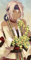 Rule 34 | 1boy, bandana, bare shoulders, black nails, blonde hair, dark skin, detached sleeves, earrings, fangs, flower, highres, japanese clothes, jewelry, kei (ken ga kimi), ken ga kimi, male focus, male polish, nail polish, open mouth, silverms2, smile, solo, traditional clothes, upper body, yellow eyes
