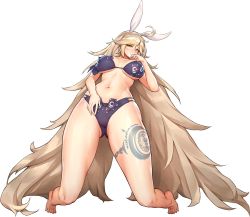 Rule 34 | 1girl, ahoge, animal ears, arched back, bad id, barefoot, bikini, blonde hair, blush, breasts, closed mouth, fake animal ears, faucre the evil overlord, full body, game cg, gluteal fold, groin, hand on own crotch, hand to own mouth, headband, highres, inactive account, kakiman, large breasts, last origin, leg tattoo, linea alba, long hair, navel, nude, official alternate costume, official art, ofuda, ofuda on clothes, purple bikini, rabbit ears, swimsuit, tachi-e, tattoo, thick thighs, thighs, tiptoes, transparent background, underboob, very long hair, wide hips, yellow eyes
