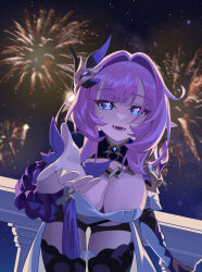 Rule 34 | 1girl, absurdres, aerial fireworks, bent over, black footwear, black shorts, blue eyes, boots, breasts, cleavage, commentary request, elf, elysia (honkai impact), elysia (miss pink elf) (honkai impact), fireworks, hair between eyes, hair ornament, hand up, highres, honkai (series), honkai impact 3rd, large breasts, lower teeth only, night, night sky, open mouth, pointy ears, puffy sleeves, shirt, short shorts, shorts, sky, teeth, thigh boots, thighhighs, thighs, white shirt, zettai ryouiki, zhu fun (pixiv 21401851)