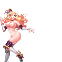 Rule 34 | 1girl, blonde hair, breasts, choker, closed mouth, crown, floating hair, functionally nude, green eyes, legs, long hair, looking at viewer, medium breasts, nipples, sacred sword princesses, solo, standing, thighhighs, thighs, transparent background, wavy hair