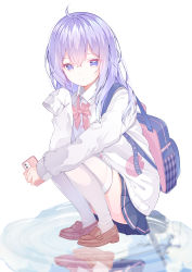 Rule 34 | 1girl, absurdres, artistic error, azur lane, backpack, bad reflection, bag, black skirt, brown footwear, cellphone, closed mouth, collared shirt, dress shirt, hair between eyes, hand up, highres, holding, holding phone, jacket, knees up, loafers, long hair, long sleeves, looking at viewer, open clothes, open jacket, phone, pleated skirt, puddle, purple eyes, purple hair, reflection, shirt, shoes, simple background, skirt, sleeves past fingers, sleeves past wrists, solo, squatting, thighhighs, unicorn (azur lane), unicorn (long-awaited date) (azur lane), water, white background, white jacket, white shirt, white thighhighs, zuu (qq770463651)