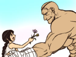 Rule 34 | 1boy, 1girl, abs, bald, black hair, blush, braid, capcom, child, extra, eyepatch, flower, hand wraps, imminent hug, long hair, manly, muscular, outstretched arms, sagat, scar, size difference, smile, spring rain, street fighter, wrist wrap