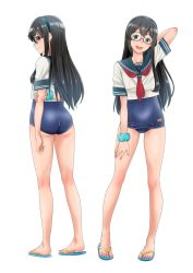 Rule 34 | 1girl, ass, black hair, blue one-piece swimsuit, flip-flops, full body, glasses, green eyes, highres, kantai collection, long hair, mikan 29344886, multiple views, neckerchief, no pants, one-piece swimsuit, ooyodo (kancolle), red neckerchief, sandals, school swimsuit, school uniform, serafuku, shirt, short sleeves, standing, swimsuit, swimsuit under clothes, white shirt