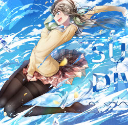 Rule 34 | 1girl, aqua eyes, arm up, armband, bad anatomy, between legs, black pantyhose, blue background, blue sky, blush, breast pocket, breasts, cloud, cluseller, cropped, day, english text, female focus, full body, green neckerchief, green ribbon, hair ribbon, hand between legs, happy, highres, hinamizawa kurumi, jumping, knees together feet apart, lens flare, long sleeves, looking down, miniskirt, mole, mole under mouth, neckerchief, open mouth, outdoors, pantyhose, petals, plaid, plaid skirt, pleated skirt, pocket, pygmalion. (group), red skirt, ribbon, shiny clothes, shirt, side ponytail, sideways glance, skirt, skirt tug, sky, small breasts, smile, solo, splashing, sweater, teeth, thighband pantyhose, tongue, water, white shirt, wind, yellow sweater