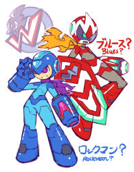 Rule 34 | adapted costume, arm cannon, armor, blue armor, blue headwear, character name, commentary request, head-mounted display, helmet, holding, holding shield, iikoao, mega man (character), mega man (classic), mega man (series), proto man, purple scarf, red armor, red headwear, robot, scarf, shield, simple background, weapon, white background, yellow scarf