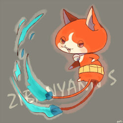 Rule 34 | 10s, blush, cat, character name, chiyoko (oman1229), flame-tipped tail, grey background, jibanyan, jibanyan s, kunreishiki, multiple tails, notched ear, open mouth, romaji text, simple background, solo, tail, traditional youkai, two tails, youkai watch