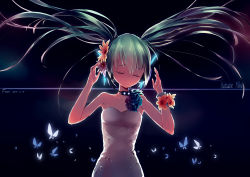 Rule 34 | 1girl, absurdres, character name, closed eyes, f3d, floating hair, flower, green hair, hair flower, hair ornament, hatsune miku, headset, highres, long hair, solo, twintails, very long hair, vocaloid