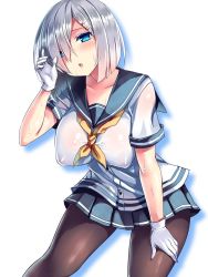 Rule 34 | 10s, 1girl, blush, breasts, brown pantyhose, chestnut mouth, covered erect nipples, cowboy shot, gloves, hair ornament, hair over one eye, hairclip, hamakaze (kancolle), highres, kantai collection, large breasts, leaning forward, looking at viewer, no bra, pantyhose, school uniform, see-through, serafuku, short hair, short sleeves, silver hair, simple background, skirt, solo, sweat, tsukumiya amane, wet, wet clothes, white background, white gloves