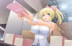 Rule 34 | 1girl, amabane nodoka, bare shoulders, blonde hair, blue eyes, blush, book, breasts, ceiling, cleavage, clothing cutout, convention, floating hair, game cg, hair ribbon, happy, high ponytail, highres, holding, indoors, ishikei, large breasts, light, long hair, looking at viewer, love cube, navel, navel cutout, open mouth, ponytail, ribbon, shirt, solo, standing, table, upper body, white shirt, wrist cuffs
