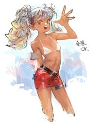 Rule 34 | 1girl, abstract background, arm behind back, arm up, bare shoulders, bikini, bikini top only, breasts, clothing request, grey hair, hakusaku, looking at viewer, midriff, navel, open mouth, original, signature, simple background, small breasts, solo, swimsuit, teeth, twintails, upper body, white background, white bikini