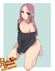 Rule 34 | agawa ryou, androgynous, artist name, bad id, bad tumblr id, blue background, clothes pull, flat chest, full body, gender request, light smile, long hair, looking at viewer, nipples, pink hair, red eyes, seiza, sitting, socks, solo, sweater, sweater pull, thighs, trap, watermark, web address, white socks