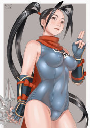 Rule 34 | 1girl, alternate costume, antenna hair, black hair, breasts, brown eyes, cameltoe, covered navel, covered erect nipples, fingerless gloves, gloves, highres, ibuki (street fighter), kunai, one-piece swimsuit, parted lips, scarf, school swimsuit, solo, street fighter, street fighter v, swimsuit, weapon, zenkou