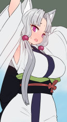 Rule 34 | 1girl, animal ears, arms up, big hair, black sash, blush, breasts, eyelashes, fang, flower knot, forehead, fox ears, fox girl, gradient sleeves, grey background, high ponytail, japanese clothes, kimono, large breasts, long hair, long sleeves, looking at viewer, obi, open mouth, parted bangs, purple eyes, sash, sidelocks, silver hair, simple background, solo, sumiyao (amam), touhoku itako, very long hair, very long sleeves, voiceroid, white kimono, wide sleeves