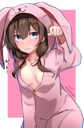 Rule 34 | 1girl, absurdres, animal ears, baileys (tranquillity650), blue eyes, blush, breasts, brown hair, closed mouth, collarbone, cowboy shot, highres, kantai collection, long hair, long sleeves, medium breasts, official art, rabbit ears, shigure (kancolle), signature, solo
