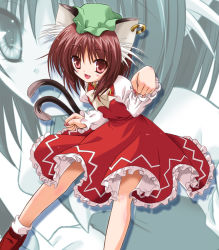 Rule 34 | 1girl, animal ears, bow, brown hair, cat ears, cat girl, cat tail, chen, dress, ear piercing, earrings, fang, female focus, hat, jewelry, looking at viewer, multiple tails, nekomata, open mouth, paw pose, piercing, red dress, red eyes, shirt, short hair, smile, solo, tail, touhou, yamu (reverse noise), zoom layer