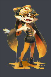 Rule 34 | + +, 1girl, bare shoulders, black dress, black hair, bow, callie (splatoon), coula cat, detached collar, dress, earrings, eyebrows, fangs, food, food on head, gradient hair, grey background, grin, hair bow, halloween, hand on own hip, hat, highres, ink, inkling, jewelry, long hair, looking at viewer, mole, mole under eye, multicolored hair, nintendo, object on head, open mouth, orange hair, orange pantyhose, pantyhose, pointy ears, short jumpsuit, simple background, smile, solo, splatoon (series), splatoon 1, strapless, symbol-shaped pupils, tentacle hair, tentacles, thick eyebrows, yellow eyes