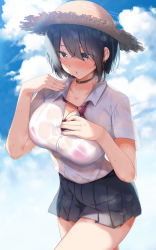 Rule 34 | 1girl, :o, absurdres, black choker, black hair, black skirt, blue sky, blush, bra visible through clothes, bralines, breasts, choker, cleavage, cloud, collared shirt, day, dress shirt, ear piercing, earrings, hair between eyes, hand on own chest, hand up, hat, highres, jewelry, large breasts, loose necktie, miniskirt, necktie, open mouth, original, outdoors, piercing, pleated skirt, purple eyes, red necktie, ryouma (galley), see-through, see-through shirt, shirt, shirt tucked in, short hair, short sleeves, skirt, sky, standing, straw hat, sweat, thighs, unbuttoned, white shirt