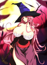 Rule 34 | 1girl, areola slip, bare shoulders, breasts, cleavage, dragon&#039;s crown, hat, highres, huge breasts, long hair, looking at viewer, pink eyes, pink hair, red eyes, sash, smile, solo, sorceress (dragon&#039;s crown), staff, very long hair, witch hat, yuumin