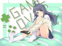 Rule 34 | 1girl, absurdres, ahoge, black hair, blue eyes, blush, closed mouth, collared shirt, commentary request, english text, eyelashes, feet, green background, hair ornament, hairclip, handheld game console, head tilt, highres, holding, inohara koboshi, knee up, long hair, looking at viewer, no shoes, off shoulder, on bed, ongeki, pleated skirt, samiko, school uniform, shirt, sitting, skirt, smile, socks, soles, solo, swept bangs, thighs, toes, white shirt, white socks