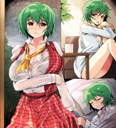 Rule 34 | 1girl, ascot, blush, bottomless, breast hold, breasts, cleavage, cup, female focus, green hair, huge breasts, inaho, kazami yuuka, mug, multiple views, naked shirt, no pants, pillow, plaid, plaid skirt, plaid vest, red eyes, shirt, short hair, sitting, skirt, skirt set, sleeping, tears, touhou, under covers, vest, wet, wet clothes