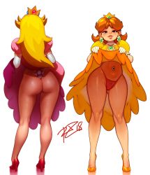 Rule 34 | 2girls, ass, blonde hair, blue eyes, breasts, brown hair, clothes lift, crown, curvy, dress, dress lift, earrings, highres, hip focus, huge ass, jewelry, kneepits, legs, lifting own clothes, long hair, looking at viewer, mario (series), midriff, multiple girls, navel piercing, nintendo, panties, piercing, princess daisy, princess peach, red panties, robaato, side-by-side, skirt, skirt lift, super mario bros. 1, super mario land, teasing, thick lips, thick thighs, thighs, thong, underwear, white background, wide hips