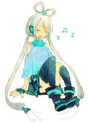 Rule 34 | 1girl, asymmetrical legwear, bad id, bad pixiv id, bare shoulders, belt, boots, bow, closed eyes, grey hair, hair bow, headset, long hair, luo tianyi, mctee, mismatched legwear, musical note, short hair with long locks, single thighhigh, sketch, skirt, solo, thighhighs, toma (mctee), twintails, very long hair, vocaloid