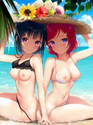 Rule 34 | 10s, 2girls, arm up, armpit peek, beach, blue hair, blunt bangs, blush, breasts, cleavage, closed mouth, day, flower, from side, hand on headwear, hat, hat flower, holding hands, long hair, looking at viewer, love live!, love live! school idol project, love live! sunshine!!, medium hair, mignon, multiple girls, navel, nipples, nishikino maki, nude, nude filter, outdoors, partially submerged, purple eyes, red hair, shared hat, short hair, sitting, small breasts, smile, straw hat, sun hat, third-party edit, tsushima yoshiko