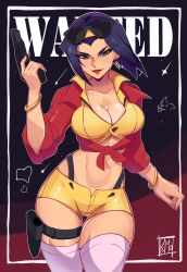 Rule 34 | 1girl, abs, artist name, black background, blunt ends, bob cut, border, breasts, cleavage, collarbone, commentary, cowboy bebop, cowboy shot, crop top, earrings, english commentary, eyewear on head, faye valentine, finger on trigger, gold bracelet, gradient background, green eyes, gun, hair slicked back, hairband, hand up, handgun, highres, holding, holding gun, holding weapon, holster, inverted bob, jewelry, large breasts, lipstick, long sleeves, looking at viewer, makeup, midriff, narrowed eyes, open clothes, open shirt, outline, outside border, pimozzarella, purple eyes, purple hair, red background, red lips, red shirt, shirt, short hair, short shorts, shorts, signature, solo, sunglasses, suspenders, thigh gap, thigh holster, thigh strap, thighhighs, tied shirt, toned, v-shaped eyebrows, wanted, weapon, white border, white outline, white thighhighs, widow&#039;s peak, wind, yellow hairband, yellow shirt, yellow shorts