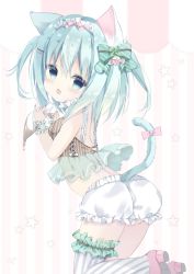 Rule 34 | 1girl, animal ears, bad id, bad pixiv id, blush, bow, cat ears, cat tail, green bow, green eyes, green hair, hair bow, highres, looking at viewer, open mouth, original, pink bow, short twintails, striped clothes, striped thighhighs, tail, tail bow, tail ornament, teeth, thighhighs, twintails, utsumi sae, vertical-striped clothes, vertical-striped thighhighs