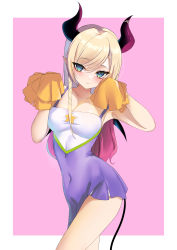 Rule 34 | 1girl, absurdres, blonde hair, blue eyes, breasts, cheerleader, demon girl, demon horns, demon tail, demon wings, dress, gradient hair, highres, holding, holding pom poms, hololive, horns, large breasts, long hair, looking at viewer, lucky star, multicolored hair, pink hair, pleated dress, pointy ears, pom pom (cheerleading), pom poms, purple dress, rifufu, short dress, solo, star (symbol), swept bangs, tail, very long hair, virtual youtuber, wings, yuzuki choco