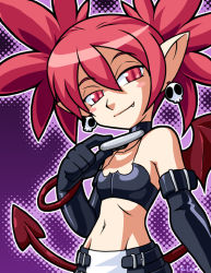 Rule 34 | 1girl, bandeau, bangle, bat wings, black gloves, blush stickers, bracelet, demon girl, demon tail, disgaea, earrings, elbow gloves, etna (disgaea), fang, flat chest, gloves, jewelry, midriff, mini wings, pointy ears, rcasedrawsstuff, red eyes, red hair, skull, slit pupils, solo, tail, twintails, wings