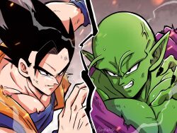Rule 34 | black eyes, black hair, colored skin, dragon ball, fighting, fighting stance, green skin, highres, master and pupil, piccolo, scratches, smile, son gohan, tagme, torn clothes